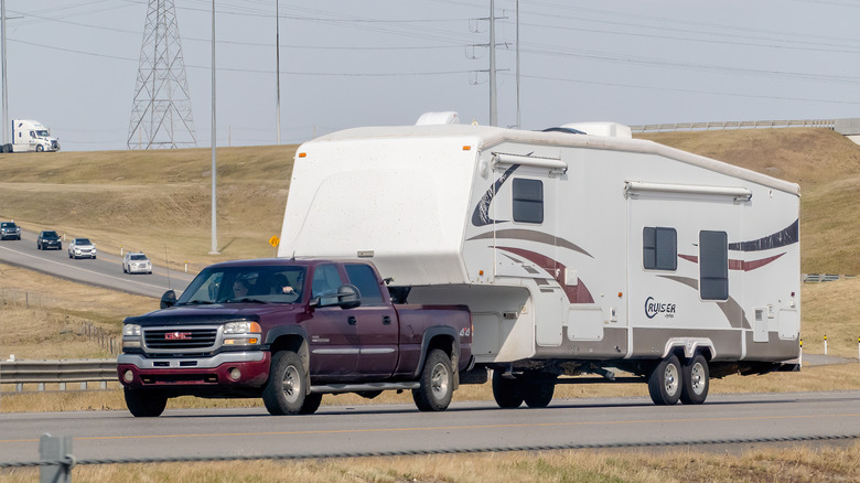 towing a large RV in a truck