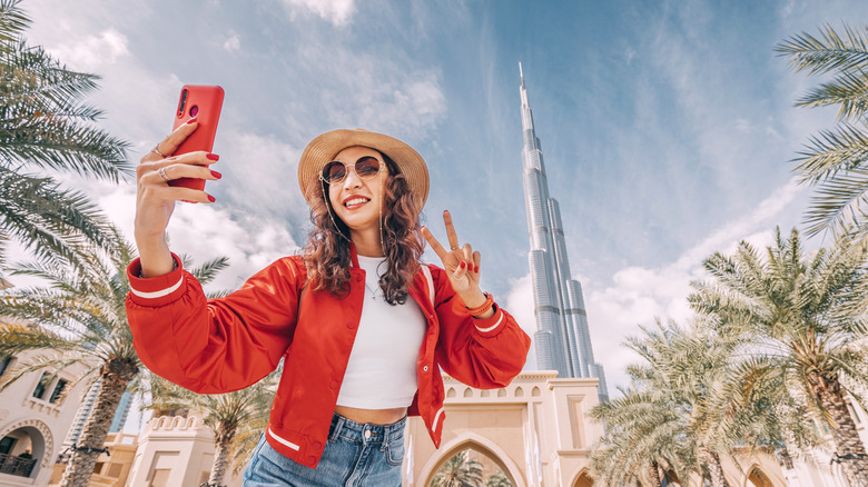 A traveler taking a selfie