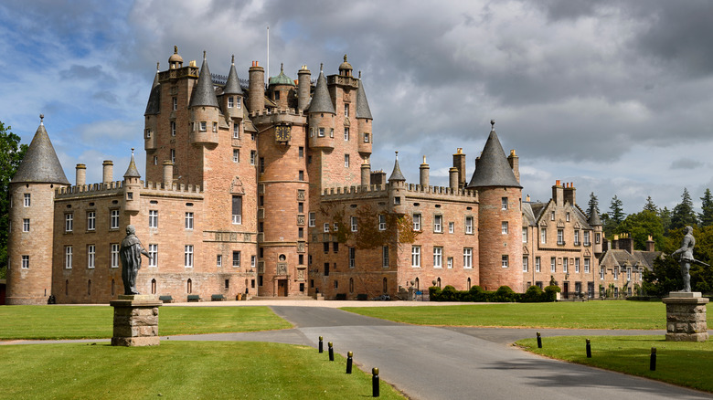 Glamis Castle under cloudy skies