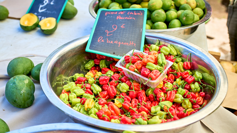 Colorful peppers at a market