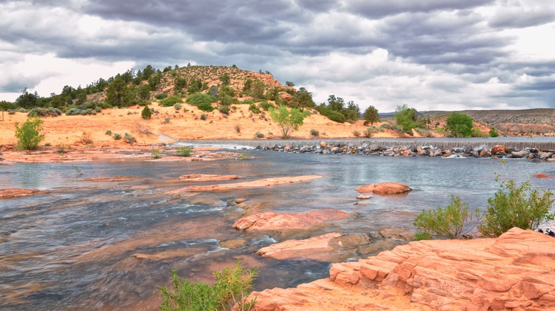 Red Utah rocks and reservoir