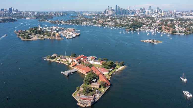 Aerial view of islands in Sydney Harbour with city in background