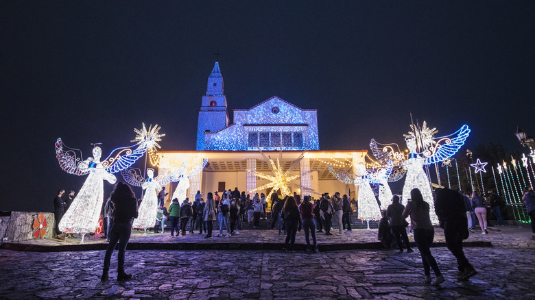 Church decorated with Christmas lights