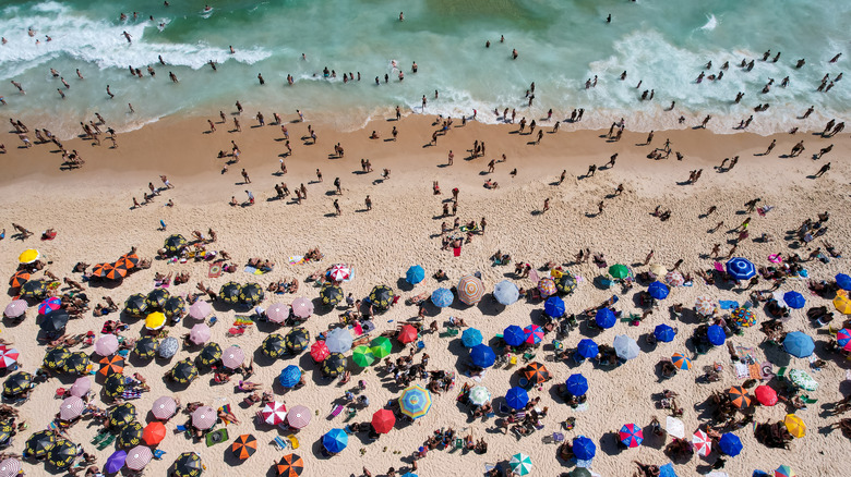 Aerial of crowded Ipanema beach