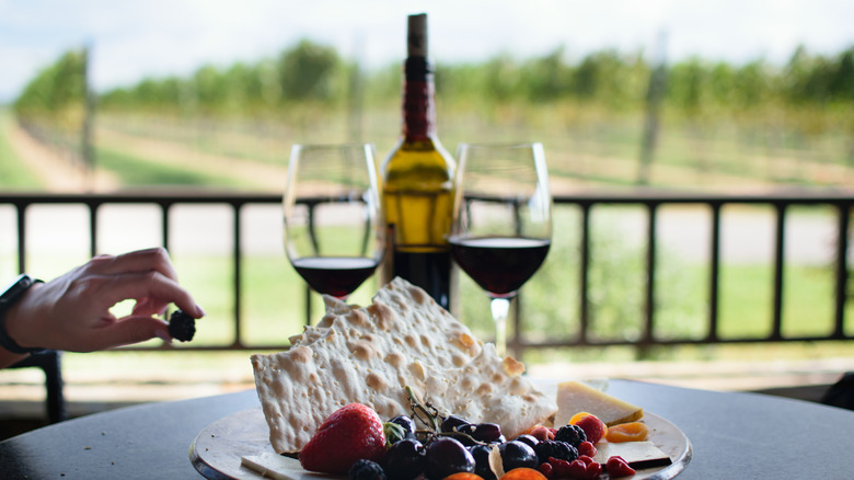 Wine tasting with fruit and crackers