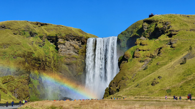 Skógafoss waterfall with rainbow in water