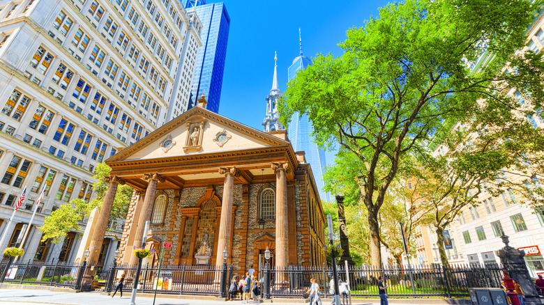 St. Paul's Chapel, skyscrapers, trees