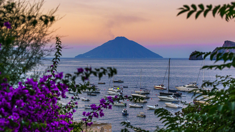 Stromboli volcano at sunset