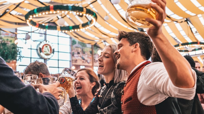 group of beer drinkers singing