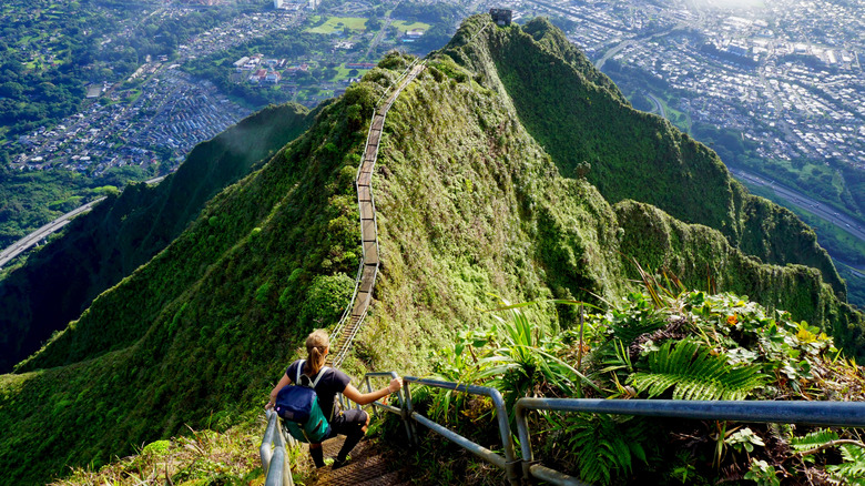 Woman hiking steep stairs on mountain ridge