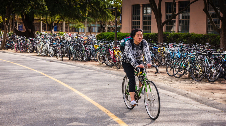 A woman rides a bike down a street in Davis, California