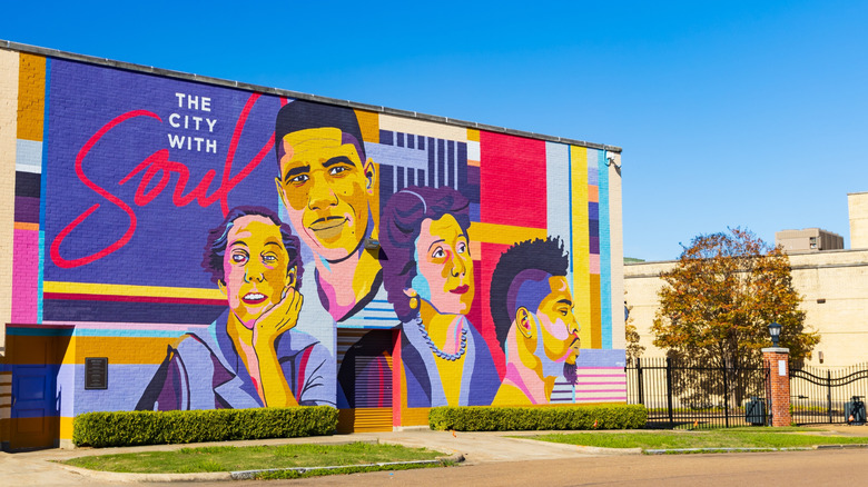 Colorful public mural of famous Mississippi figures