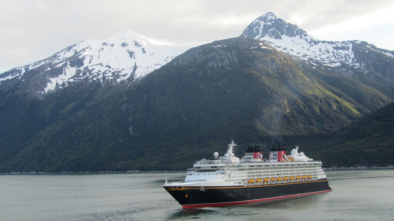 Disney Wonder sailing by mountains