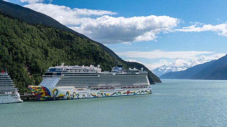 Norwegian Encore docked in mountainous Alaska