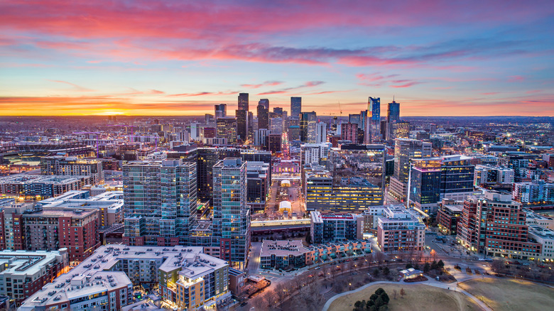 skyline in Denver at sunset