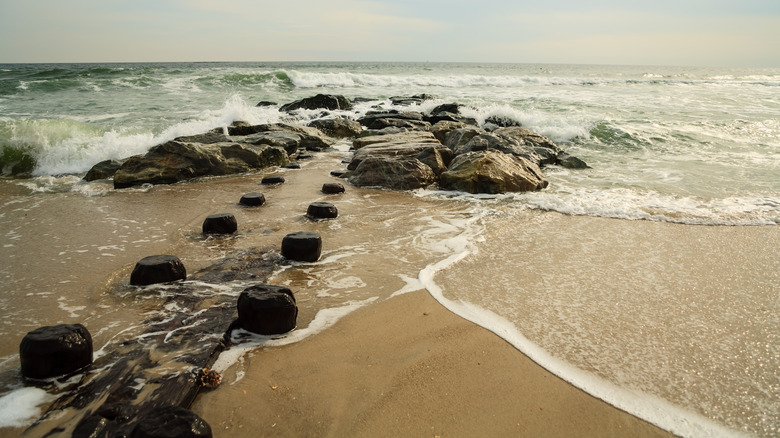 Waves breaking against Lavallette jetty