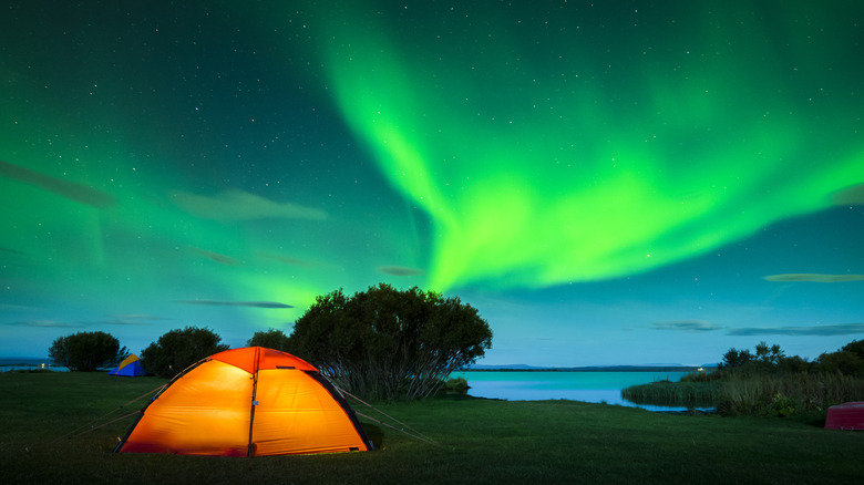 Iceland camping under Northern Lights