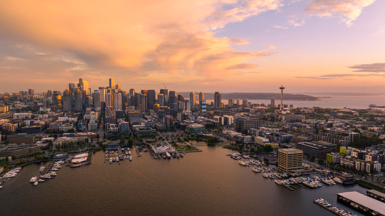 Aerial view of Seattle at sunset