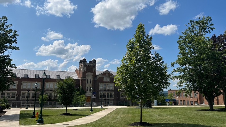 college buildings with blue sky