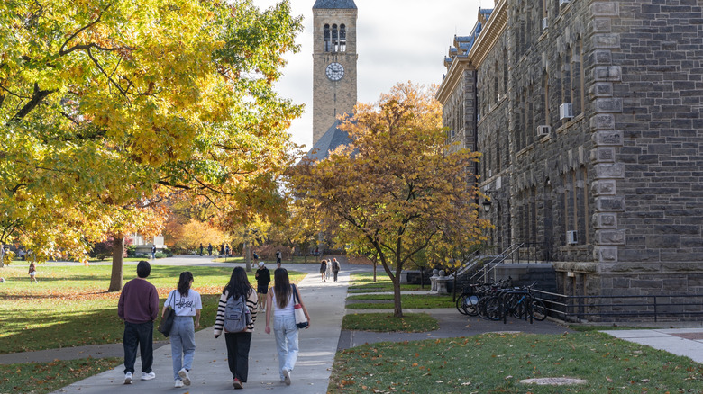 students walk past brick buildings