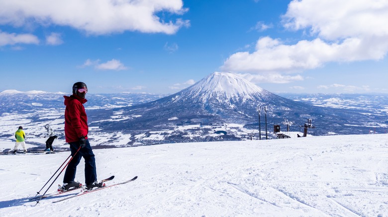 Skier in front of Mount Fuji