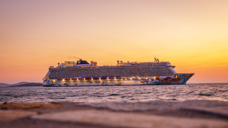 A cruise ship at sunset