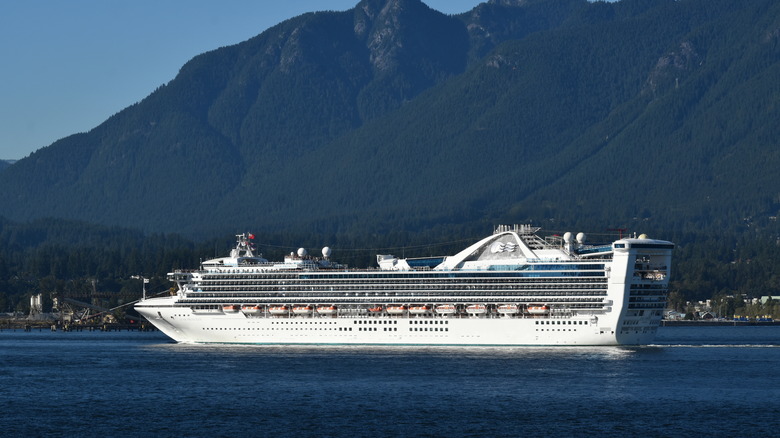 Princess ship passing by mountains