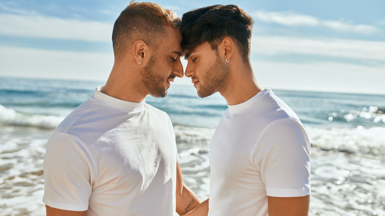 gay couple happy on beach
