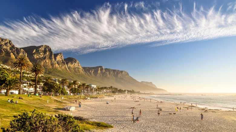 View of Camps Bay Beach and blue sky