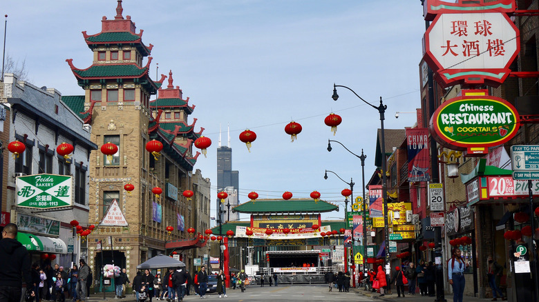 Chinatown street in Chicago with red lanterns