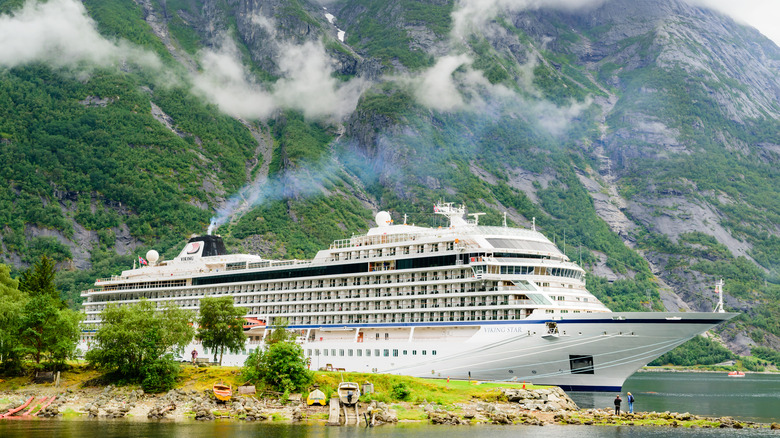 Cruise ship by mountains