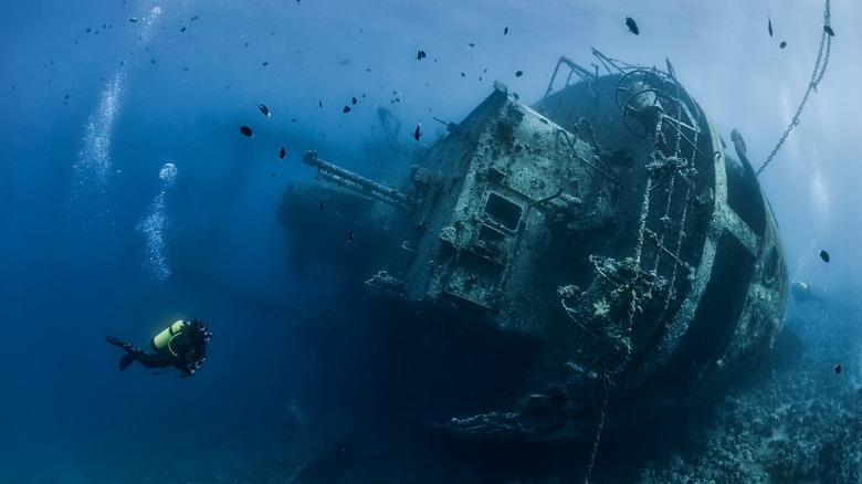 scuba diver with ship wreck
