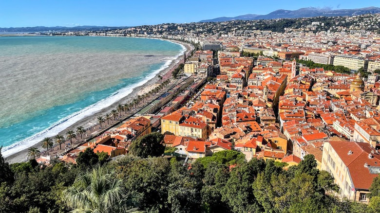 View of orange buildings and beach