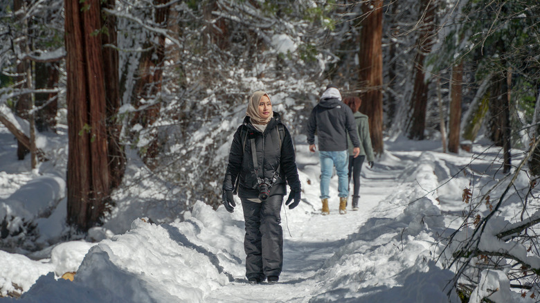woman walking in yosemite during winter