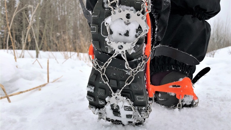 Cleated boots hike in snow