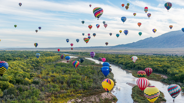 hot air balloons over trees and river