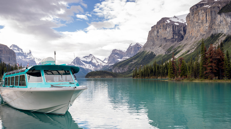 Boat stopped on Maligne Lake