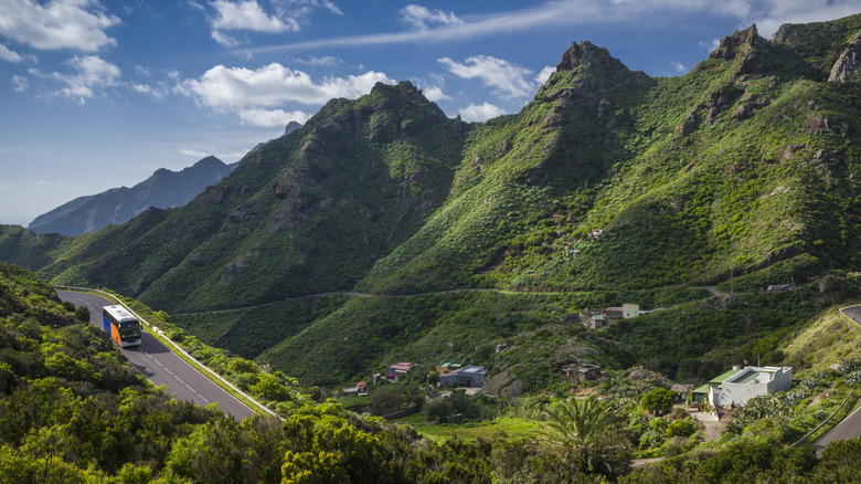 Bus on a winding mountain road, Canary Islands