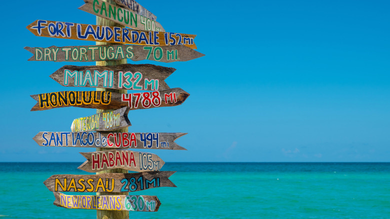 Wooden sign post in Key West with distance to different cities