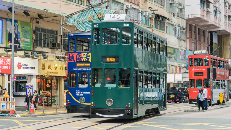 Trams in city center Hong Kong