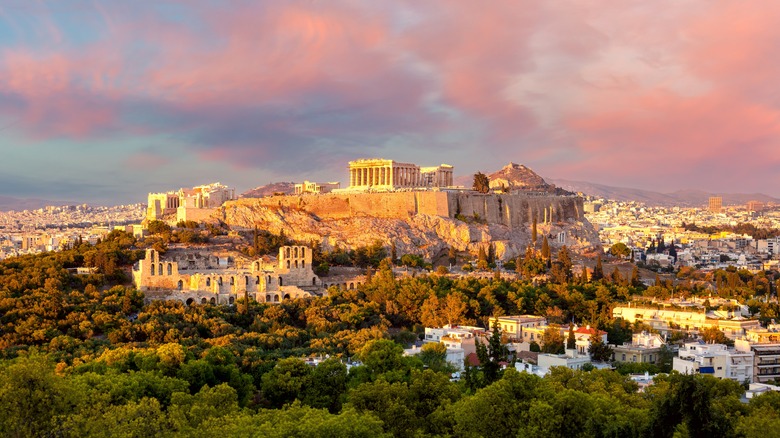 Ancient buildings at sunset, Athens