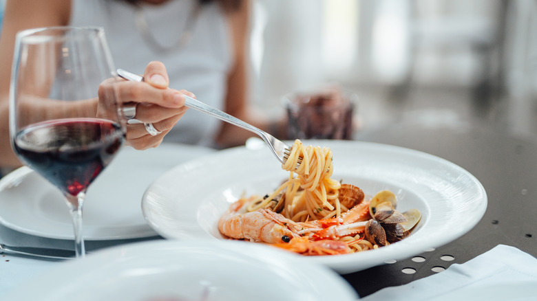 Close-up of seafood pasta