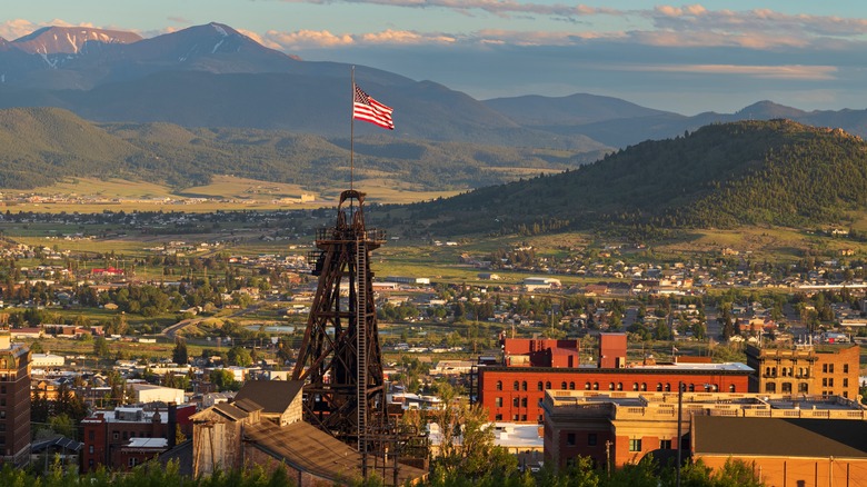 An aerial view of the mountain town of Butte, Montana