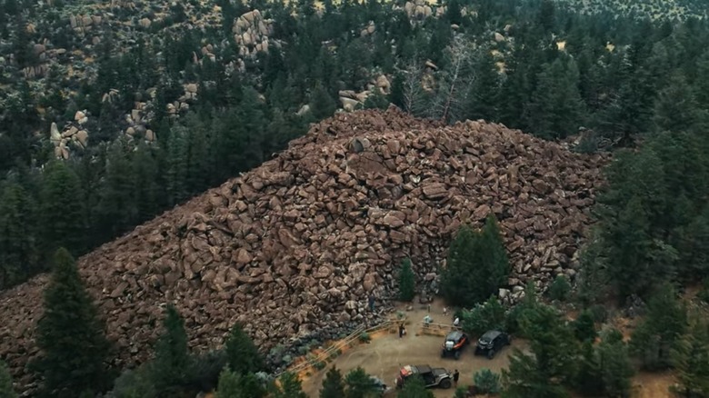 An aerial view of a boulder field known as Ringing Rocks