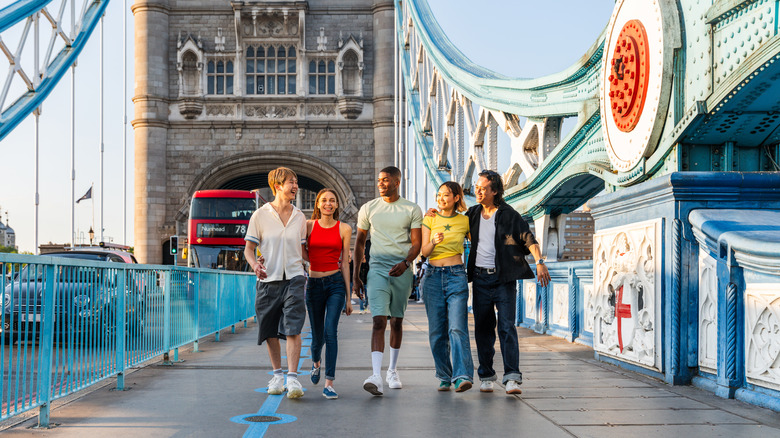 Group of travelers walking in a city