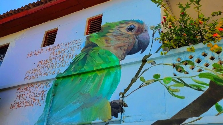 Street mural of a green parrot