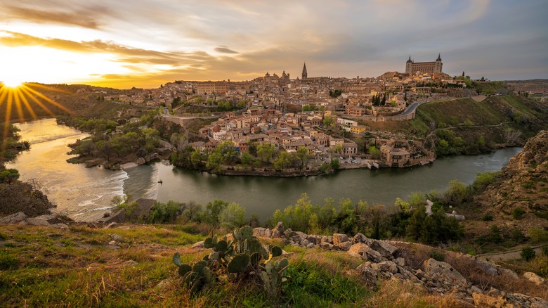 Aerial view of the Old Town of Toledo, Spain and the Tagus River at sunrise