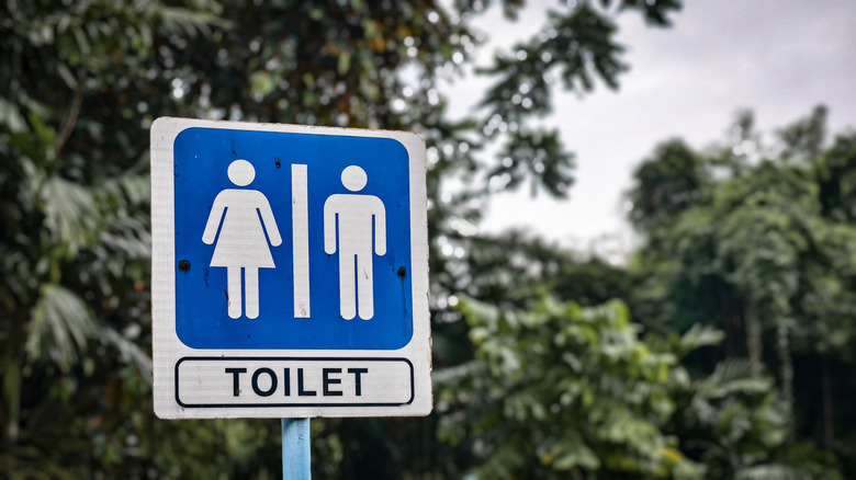 A blue and white public restroom sign.