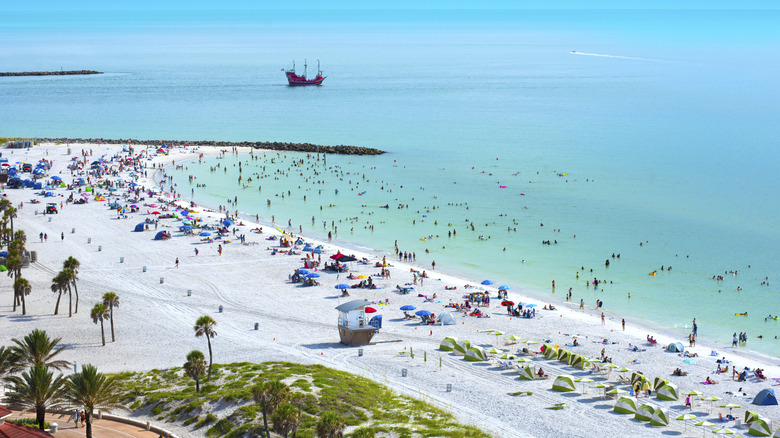 Aerial view of busy Clearwater Beach in Florida