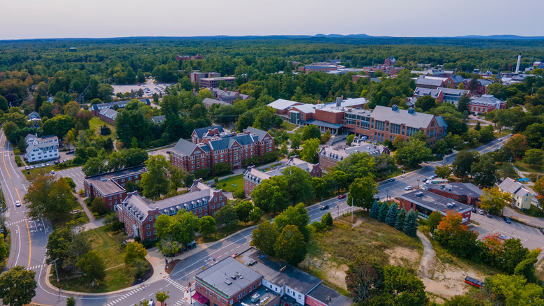 Red brick buildings among trees